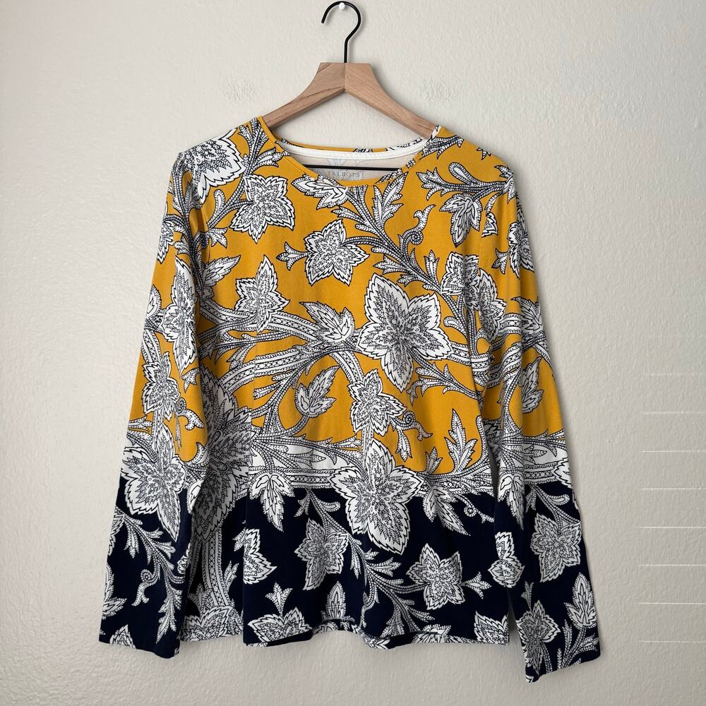 The Talbots Tee Women Yellow Tunic Blouse Longsleeve Floral Cotton Blend Size XL